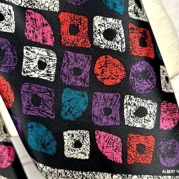 Albert Nipon Silk Square Scarf Abstract White Black Multicolor Geometric Trim - Picture 4 of 9